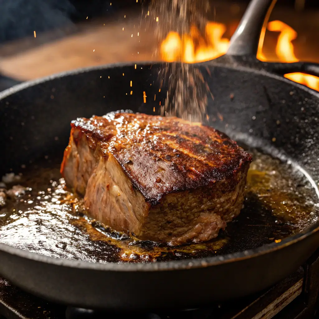 Close-up of beef shoulder roast searing in a cast iron pan