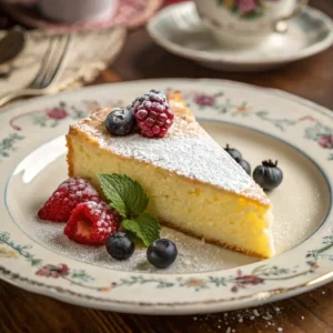 Slice of 18th century queen's cake with powdered sugar and berries