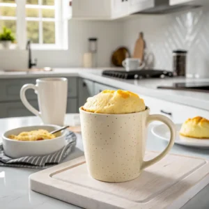 mini vanilla sponge cake recipe for one batter rising in a microwave-safe mug