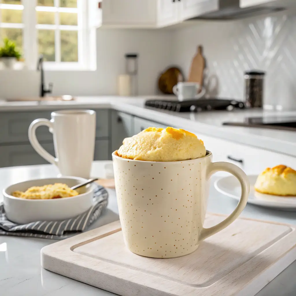 mini vanilla sponge cake recipe for one batter rising in a microwave-safe mug