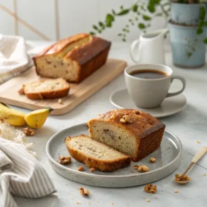 Slice of banana bread served with a cup of coffee