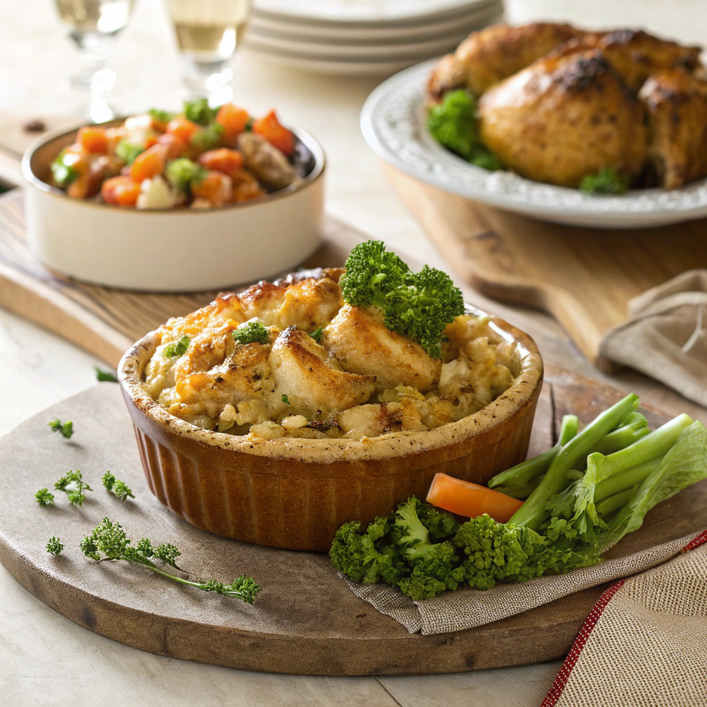 Finished chicken and dressing recipe dish plated with fresh parsley