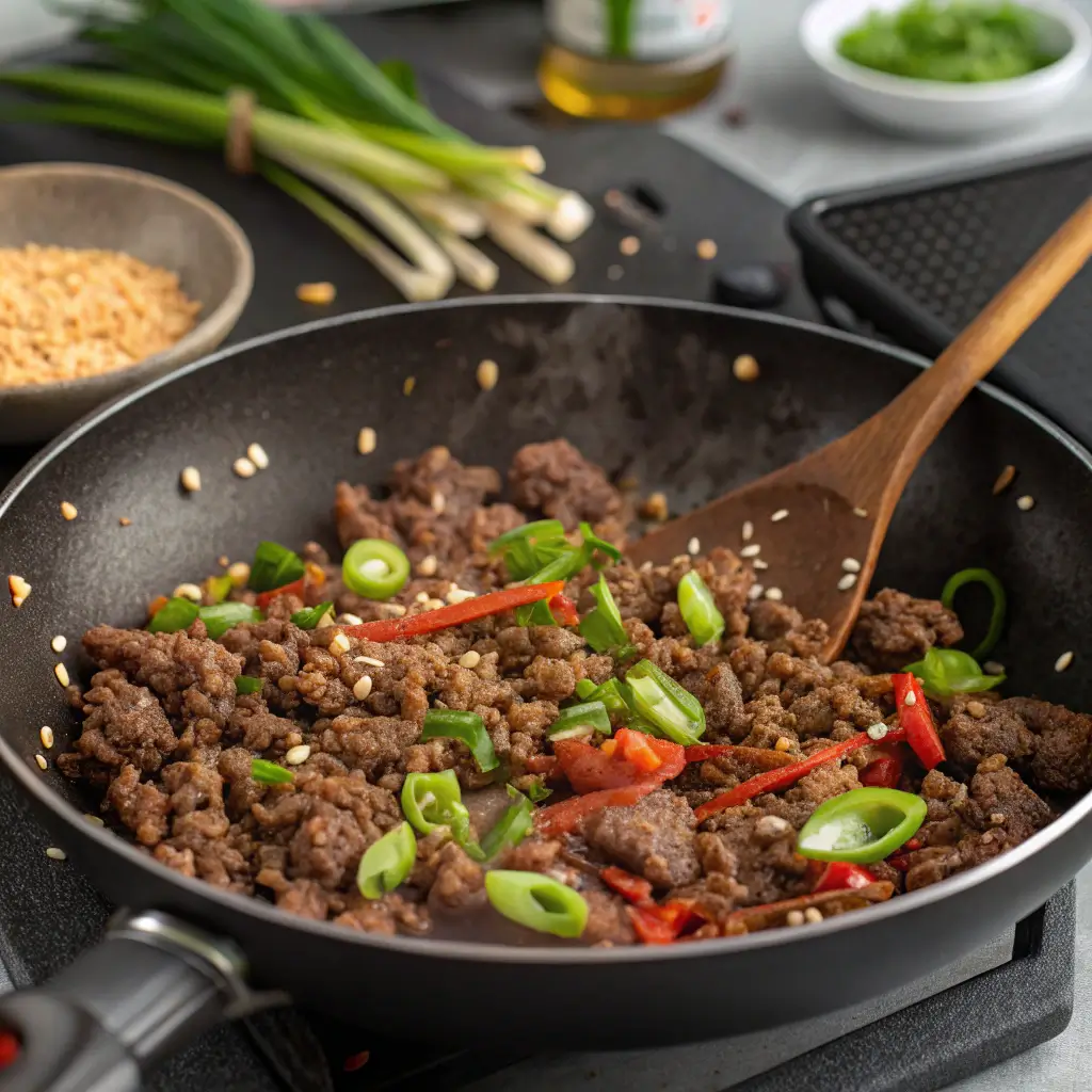 Overhead view of delicious ground beef bulgogi on a plate