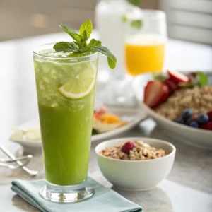 Tall glass of green juicing recipes for weight loss over ice, garnished with lemon and mint on a modern breakfast table.