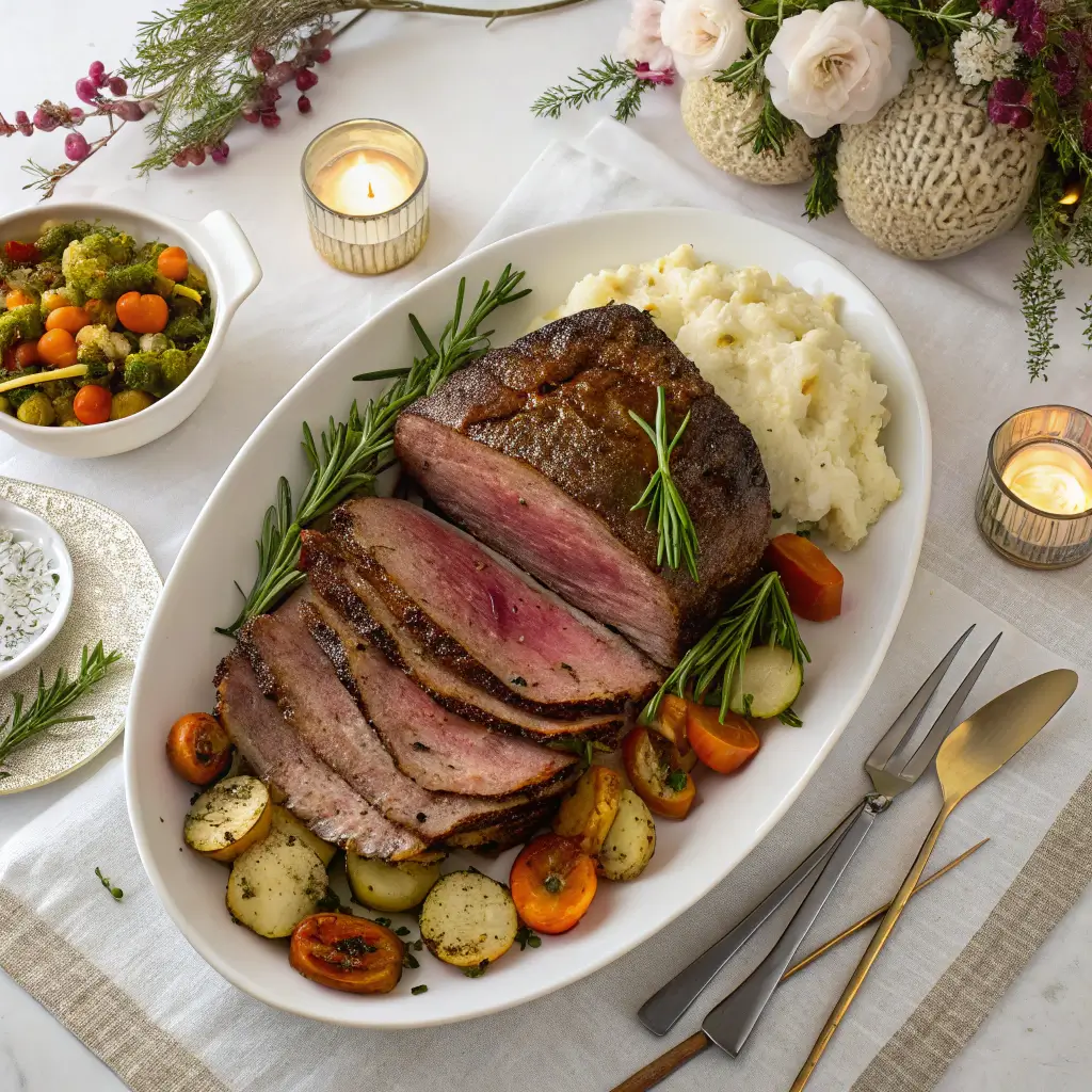 Overhead view of a complete beef shoulder roast meal with sides